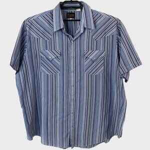Vintage Plains Western Snap Button Short-Sleeve Shirt Men's 2X Blue Multi-Stripe